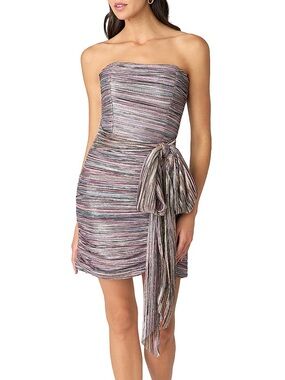 Shoshanna Sana Pleated Metallic Strapless Chiffon Tie-Waist Party Dress